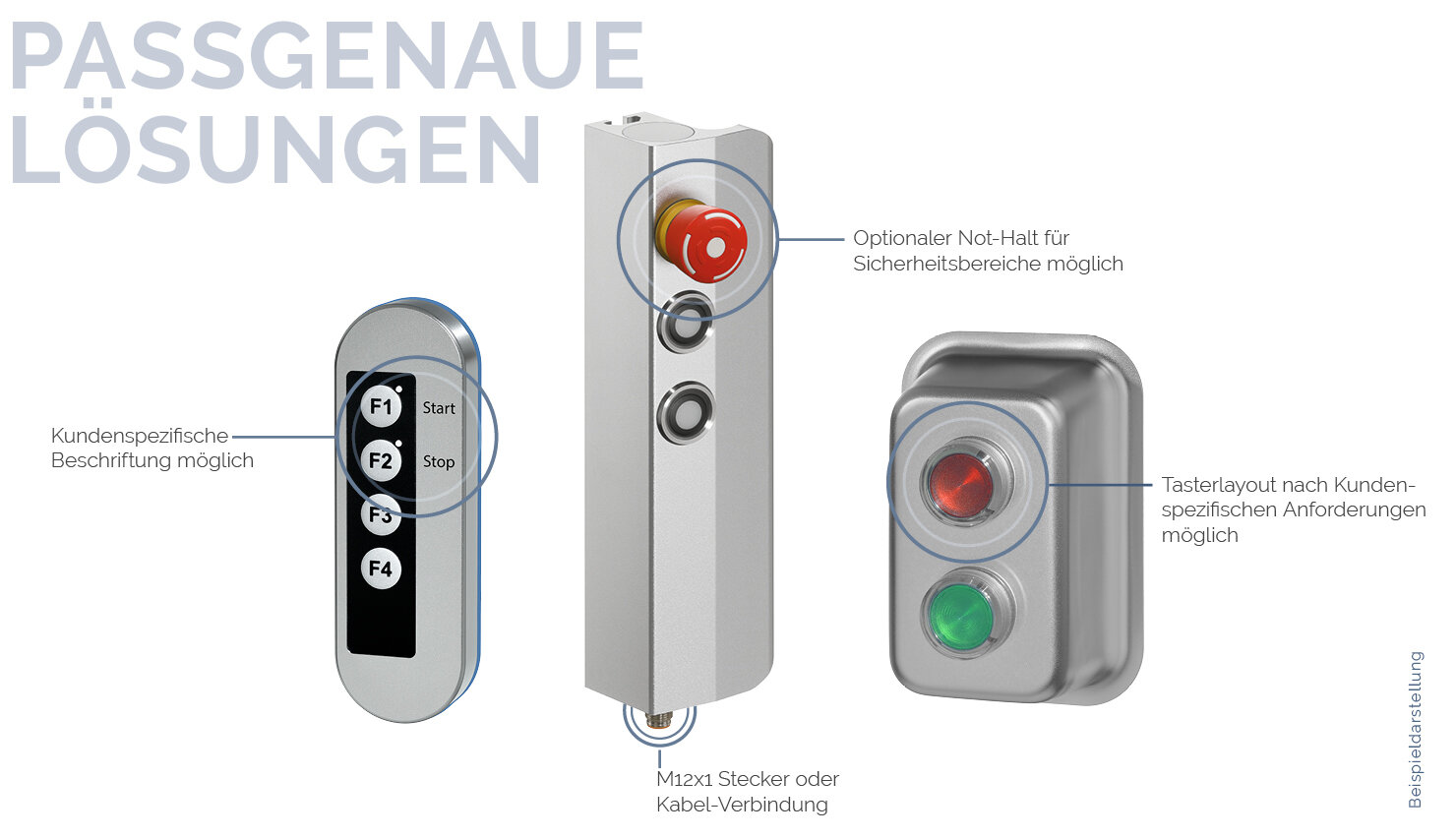 Drei verschiedene Tastergehäuse mit kundenspezifischen Beschriftungen und Funktionen, inklusive rotem Not-Halt-Taster und farbigen Bedientastern