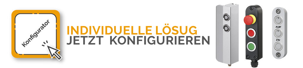 Banner mit dem Text 'Individuelle Lösung jetzt konfigurieren', einem Symbol 'Konfigurator' und drei verschiedenen Tastergehäusen