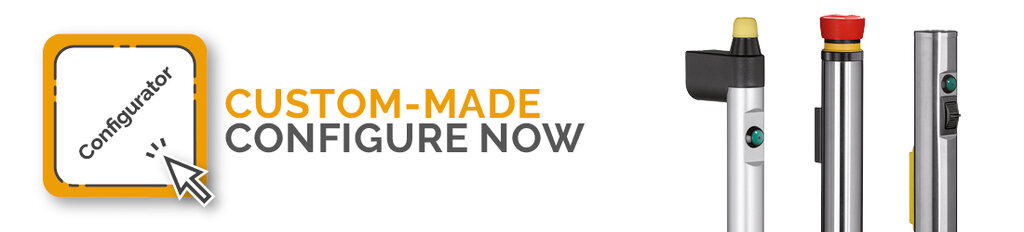 Custom-made configurator icon and three vertical metallic switch housings with buttons and colored elements for automation and machinery