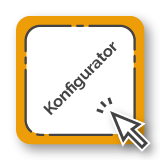 Orange-gelber quadratischer Button mit dem Wort 'Konfigurator' und einem weißen Pfeil-Cursor, der darauf zeigt
