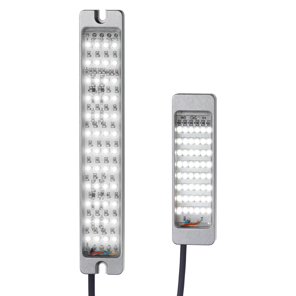 Two rectangular aluminum indicator lights with multiple white LEDs, connected by black cables, against a white background