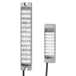 Two rectangular aluminum indicator lights with multiple white LEDs, connected by black cables, against a white background