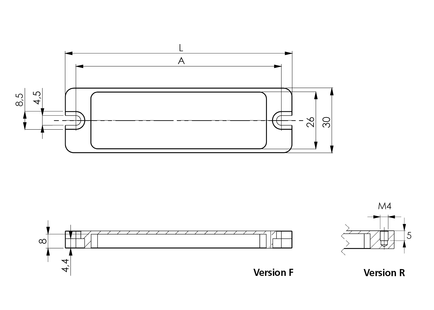 Technical drawing of SL1 indicator light with front and side views showing dimensions and mounting versions F and R.