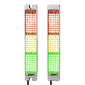 Two rectangular SL2 indicator lights with aluminum housing, each showing three illuminated LED segments in red, yellow, and green, mounted vertically with connection cables at the bottom.