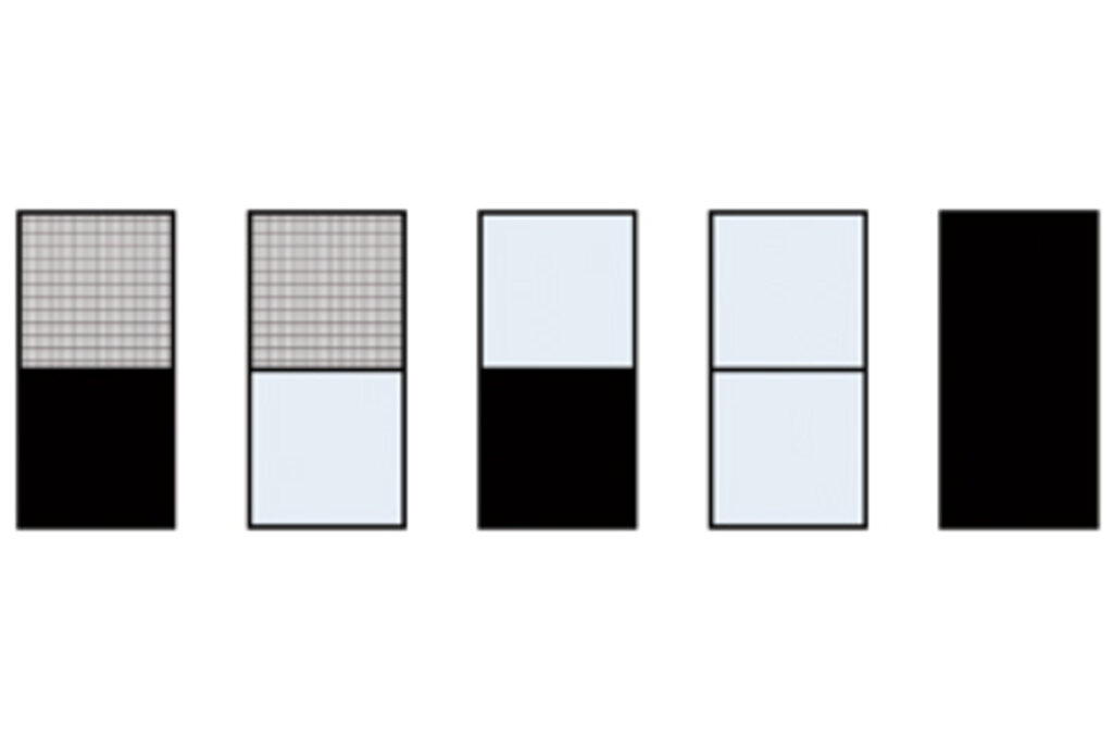 Fünf schematische Darstellungen von Türen oder Fenstern mit verschiedenen Kombinationen aus Gitter- und festen Flächen