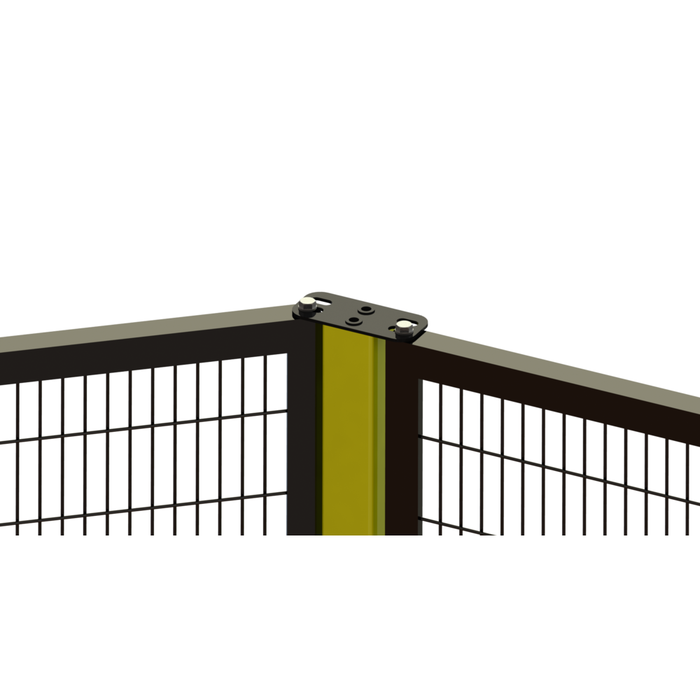 Nahaufnahme einer Eckverbindung eines Schutzzauns mit schwarzen Gitterrahmen und gelbem Vierkantpfosten
