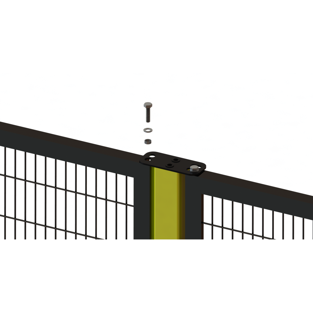 Zaunfeld aus Vierkantrohr und Punktschweißgitter mit gelbem Verbindungspfosten und schwebenden Schrauben für Montagedemonstration
