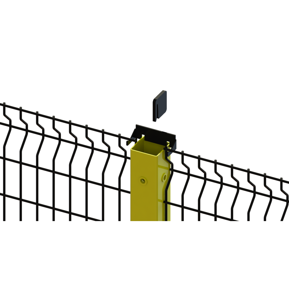 Schwarzes Zaunfeld aus Punktschweißgitter mit gelbem Pfosten und schwarzer Abdeckung oben