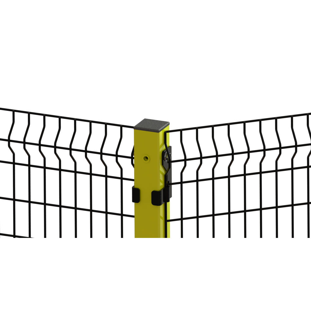 Schutzzaun mit schwarz pulverbeschichtetem Gitter und gelbem quadratischem Pfosten mit schwarzen Halterungen, der eine Ecke mit verstellbarem Winkel zeigt.