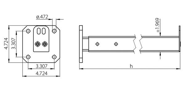 Technische Zeichnung eines Pfostens für Schutzzäune mit Basisplatte und Rohr inklusive Maße in Zoll