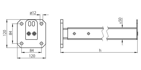 Technische Zeichnung eines Pfostens mit quadratischer Basisplatte und Vierkantrohr mit Maßen