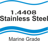 Logo depicting 1.4408 Stainless Steel Marine Grade with blue wave designs above and below the text