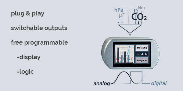 Digital display device with measurement chart and control buttons, showing switchable outputs and programmable logic features.