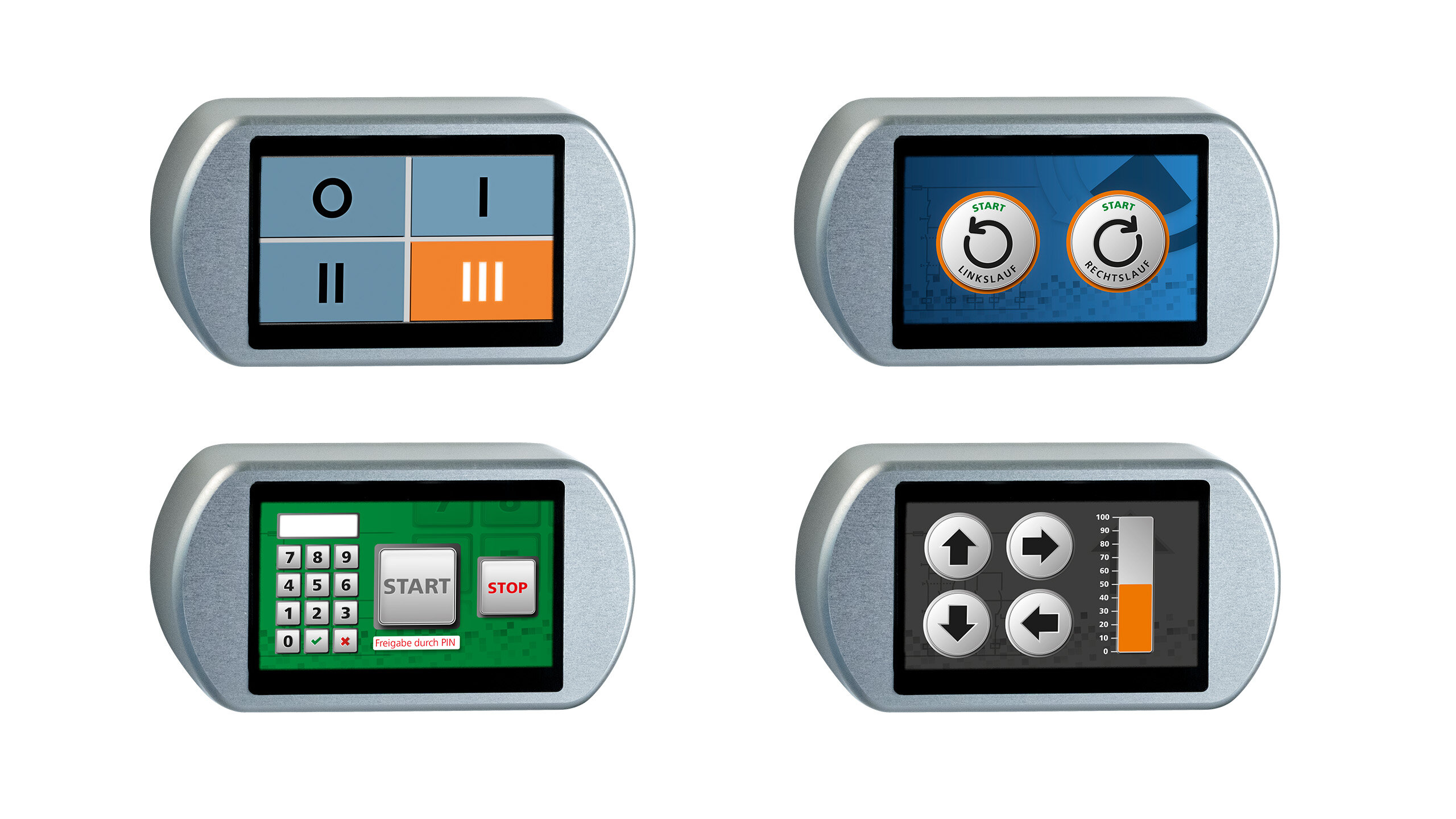 Vier elektronische Steuergehäuse in Metall mit verschiedenen Tasten und Anzeigen auf Displays