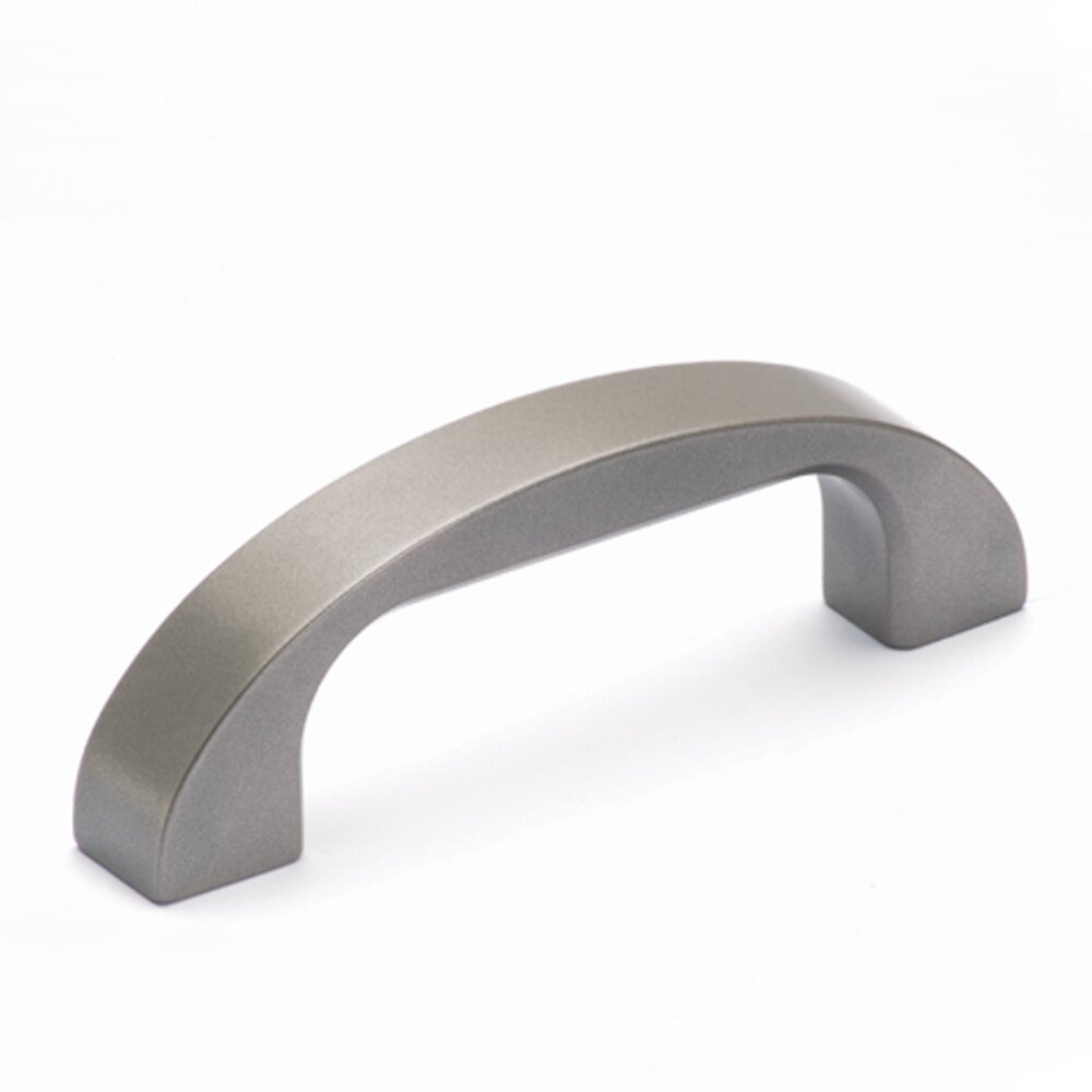 Aluminium bow-type handle with titanium-colored satin finish placed on a white surface