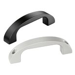 Black and silver aluminium bow-type handles with curved design and screw holes, isolated on white background. | © Rohde AG