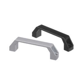Two aluminium bow-type handles, one black and one silver, with angular design and semi-matte powder-coated finish