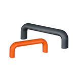 Two bow-type aluminum handles coated with heat-resistant silicone, one in anthracite gray and one in orange, shown on a white background