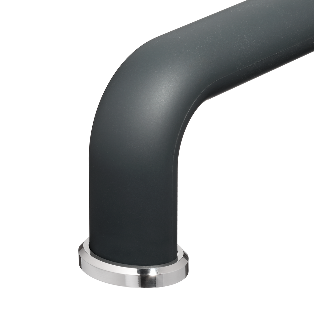 Close-up of anthracite coated aluminium bow-type handle with metal base ring