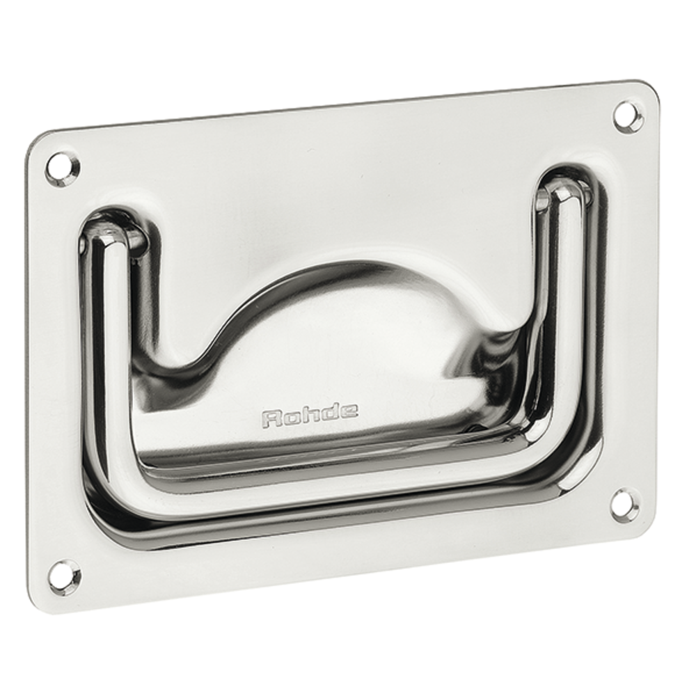 Collapsible U-shaped stainless steel handle mounted on a rectangular metal plate with four screw holes, labeled with the brand Rohde.
