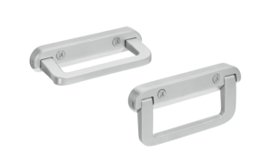 Two stainless steel hinged handles with rectangular shapes mounted on flat plates with screws, shown on a white background.