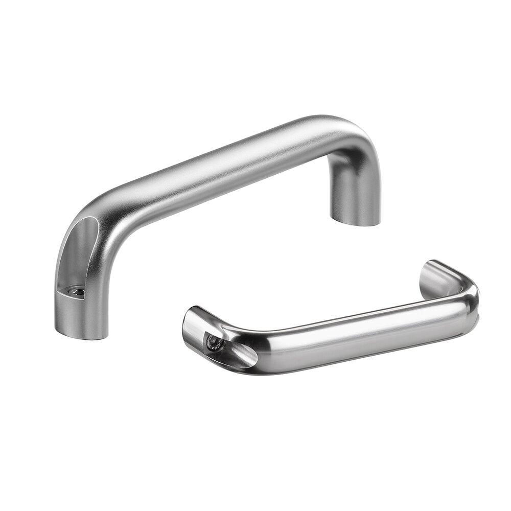 Two stainless steel handles with oval profiles and screws visible in cutout sections, one larger with a semi-matte finish and one smaller with a polished surface.