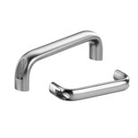 Two stainless steel handles with oval profiles and screws visible in cutout sections, one larger with a semi-matte finish and one smaller with a polished surface.
