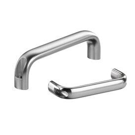 Two stainless steel handles with oval profiles and screws visible in cutout sections, one larger with a semi-matte finish and one smaller with a polished surface.