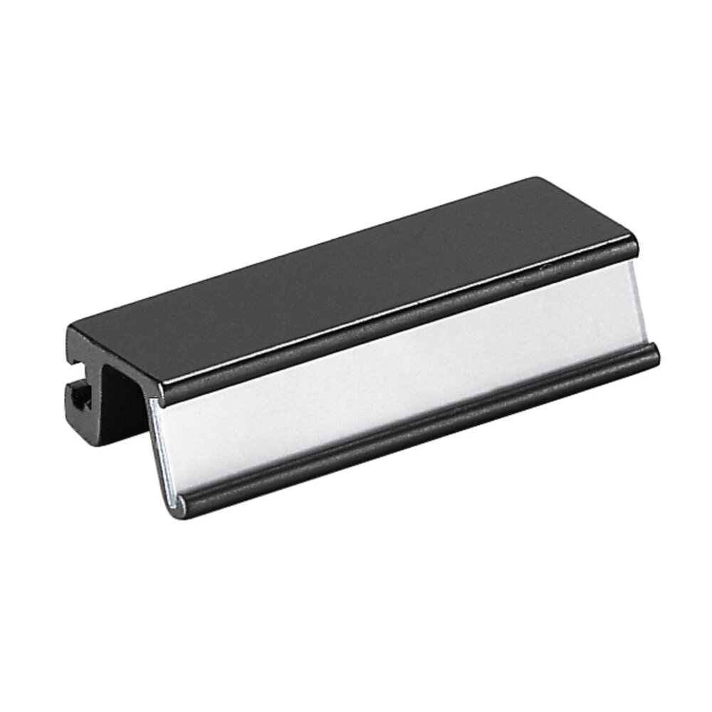 Black and silver aluminum ledge handle for sectional front panels, with cross-slot mounting feature