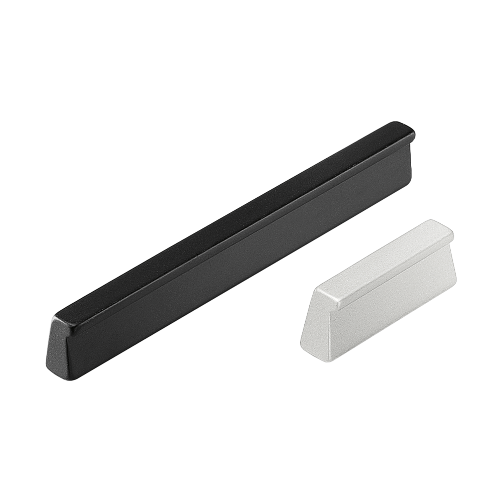 Two profiled aluminum front panel handles, one long black and one short natural color, with a matte anodized finish