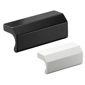 Black and white front panel handles made of profiled aluminium with a matt surface finish.