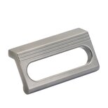 Rectangular aluminum front panel handle with a central cutout and horizontal grooves, titanium-colored satin finish