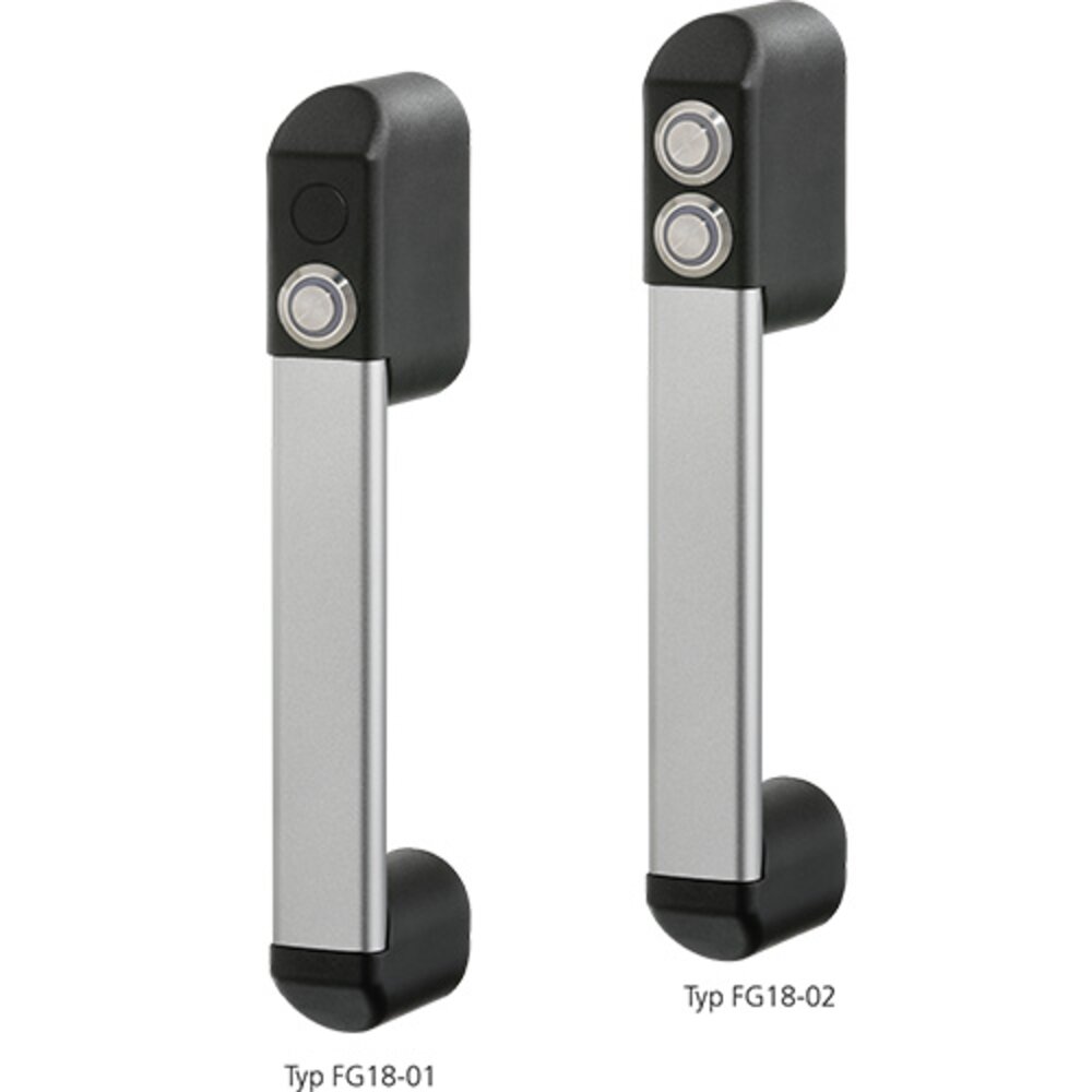 Two industrial handles FG18-01 and FG18-02 with aluminum shafts and black plastic ends, featuring push buttons with green and red ring lights