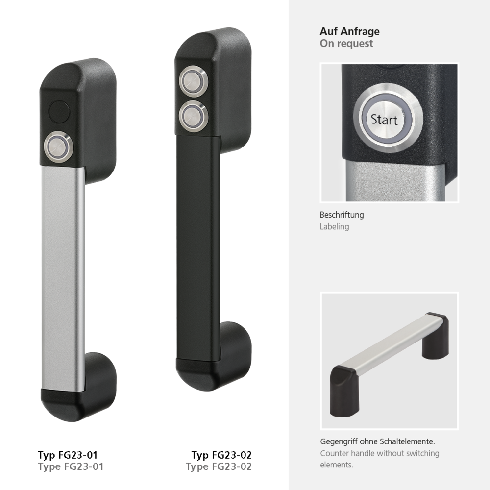 Two FG23 series handles, FG23-01 with one push button and FG23-02 with two push buttons, black and silver colored with black polyamide ends and aluminum grip sections. Close-up image of a start-labeled push button and an image of a counter handle without switches.