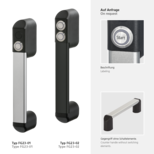 Two FG23 series handles, FG23-01 with one push button and FG23-02 with two push buttons, black and silver colored with black polyamide ends and aluminum grip sections. Close-up image of a start-labeled push button and an image of a counter handle without switches.