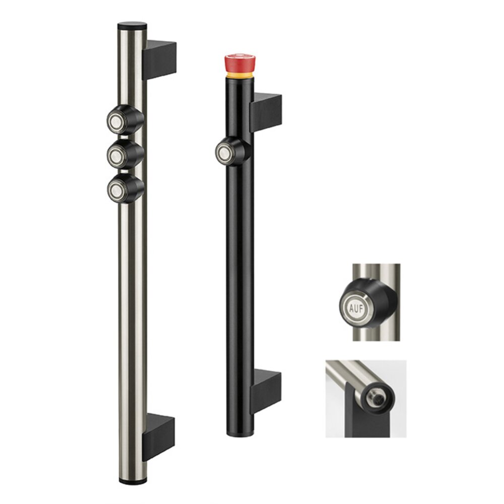 Two FG14 functional handles, one in stainless steel with three push buttons, the other black with an emergency stop and one push button, shown with mounting brackets and close-up views of push buttons and handle mounting.