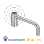 L-shaped stainless steel handle with top capacitive sensor button illuminated by a blue ring and IO-Link symbol