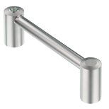 Stainless steel metallic handle with two cylindrical mounts and a push button with green ring on one mount