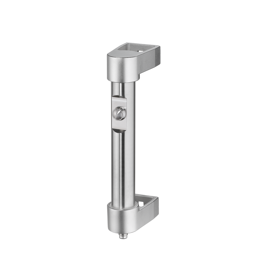 Stainless steel industrial handle with a cylindrical shank and rectangular top and bottom ends, featuring a round push-button on a rectangular plate.