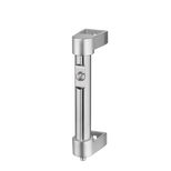 Stainless steel industrial handle with a cylindrical shank and rectangular top and bottom ends, featuring a round push-button on a rectangular plate.