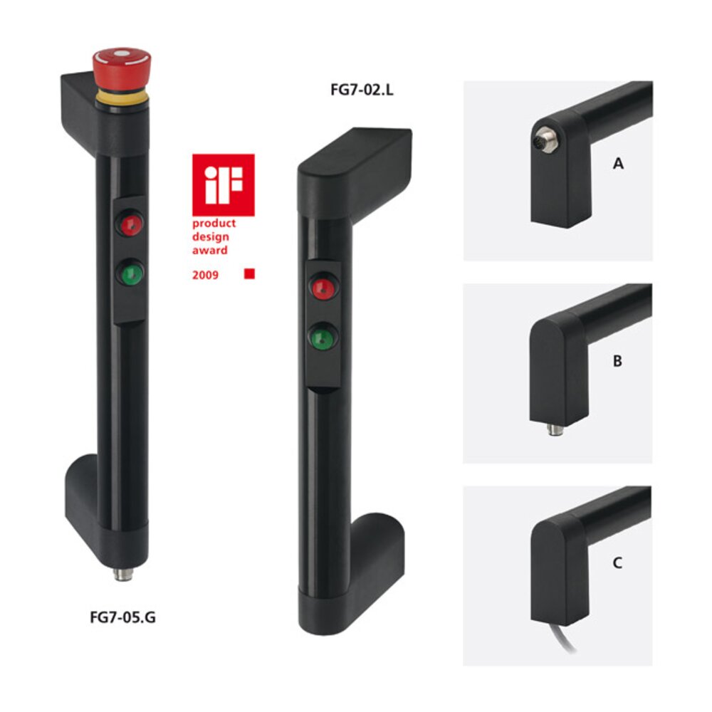 Black handles FG7-02 and FG7-05 with red and green push buttons; FG7-05 includes a red emergency stop button. Close-ups of three coupling types labeled A, B, and C.
