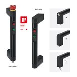 Black handles FG7-02 and FG7-05 with red and green push buttons; FG7-05 includes a red emergency stop button. Close-ups of three coupling types labeled A, B, and C.