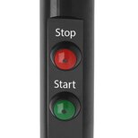 Black handle shank with two push buttons, red Stop button above and green Start button below, each labeled clearly.