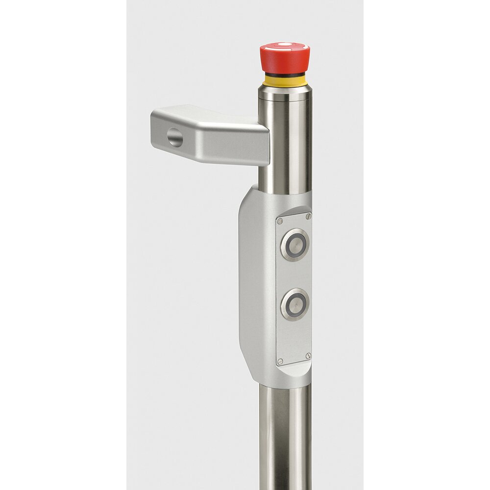 Funktionsgriff FG8-05 aus Edelstahl und Aluminium mit rotem Not-Halt-Knopf und zwei Drucktastern