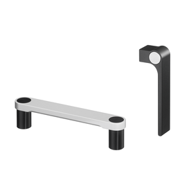 Two aluminum handles, one horizontal in natural silver with black shanks, and one vertical in black anodized with a silver circular accent
