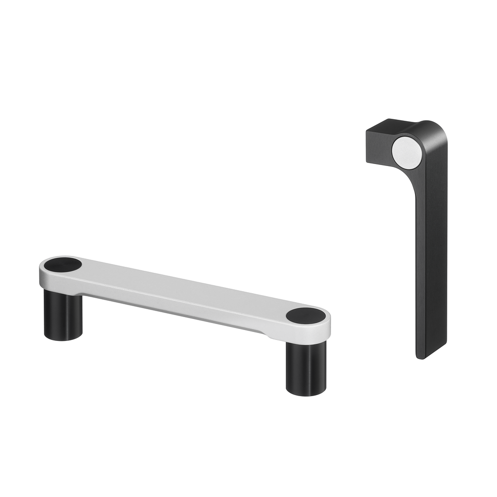 Two aluminium handles, one silver horizontal handle with black legs and one black vertical handle with silver circular detail