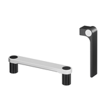 Two aluminium handles, one silver horizontal handle with black legs and one black vertical handle with silver circular detail