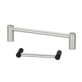 Two metallic handles VG-08 and VG-09 shown on a white background, one larger silver handle and one smaller silver handle with black ends