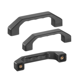 Three black plastic bow-type handles with brass threaded bushings, shown from multiple angles