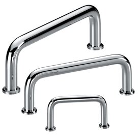 Drei verchromte Rundstahl Bügelgriffe in verschiedenen Größen mit runden Fußscheiben